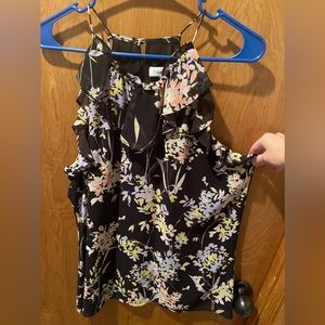 Calvin Klein Size Large Black Chiffon Spaghetti Strap Floral Print Blouse